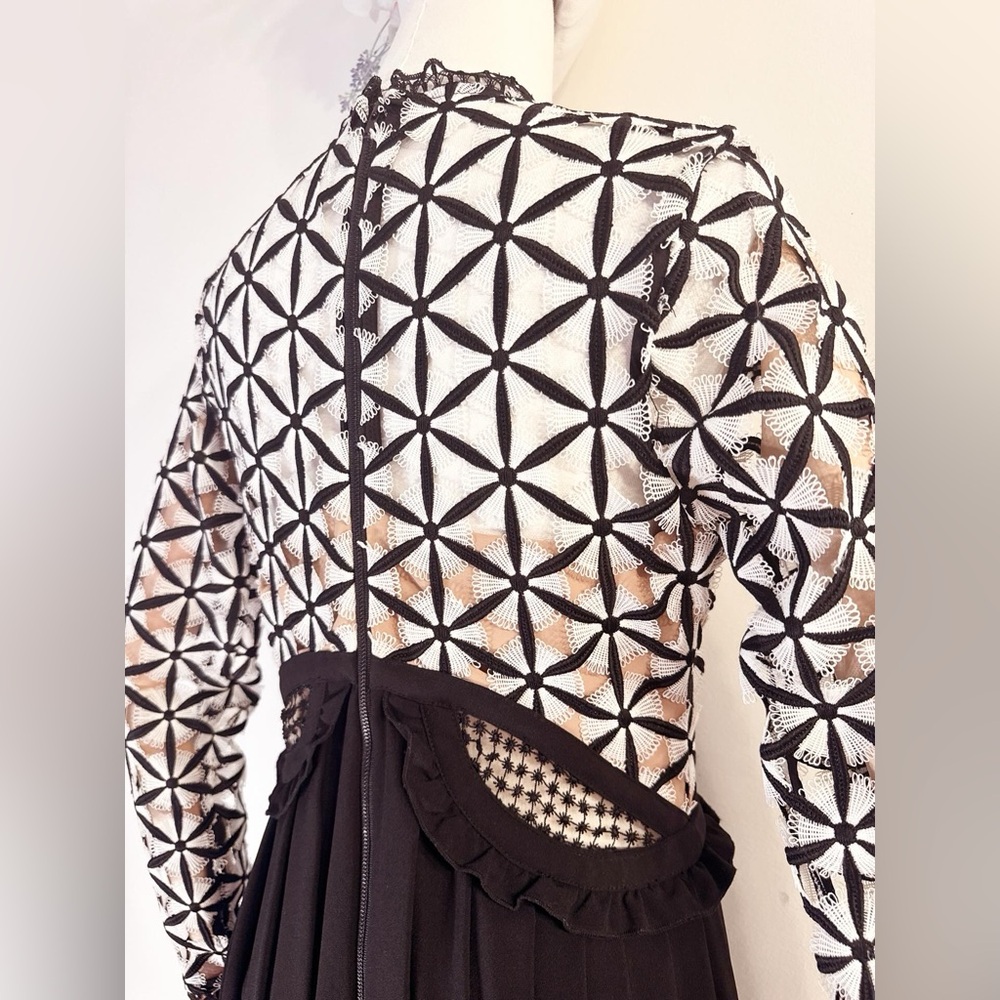 Self-Portrait Black & White Lace Pleated Maxi Dress - Picture 12 of 14